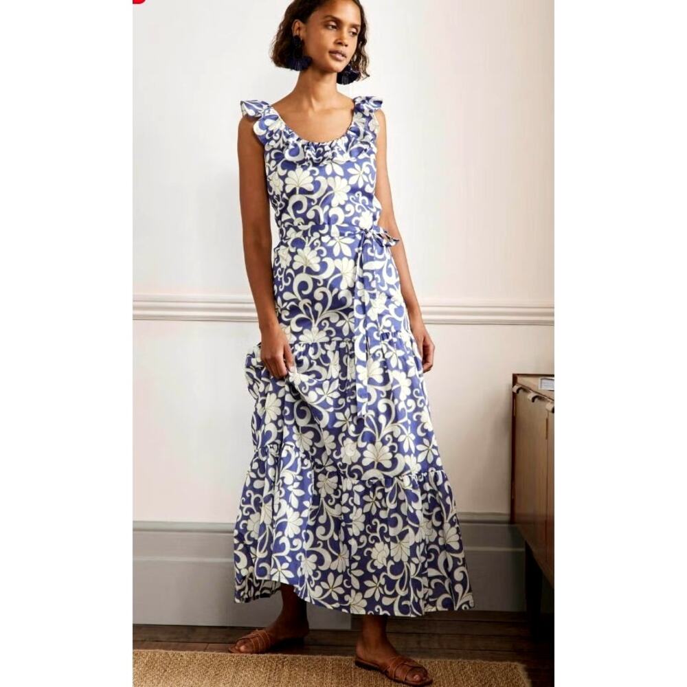 BODEN Ruffle Scoop Neck Maxi Dress Size 6 Ocean Blue Petal Print - Picture 3 of 12